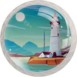 Pomo de cristal decorado con la imagen de un faro y la costa.